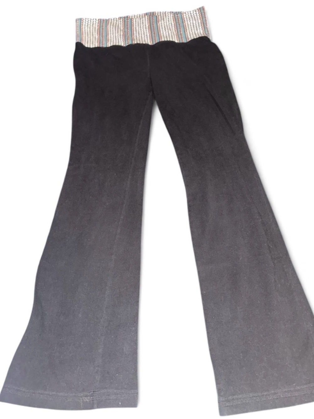 Vintage Y2K Black Flare Yoga Pants with Multicolor Striped Fold Over Waistband L